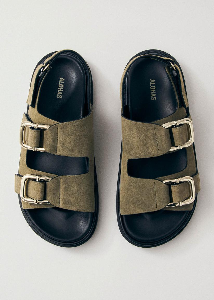 Alohas Harper Suede Khaki Leather Sandals Mejor oferta