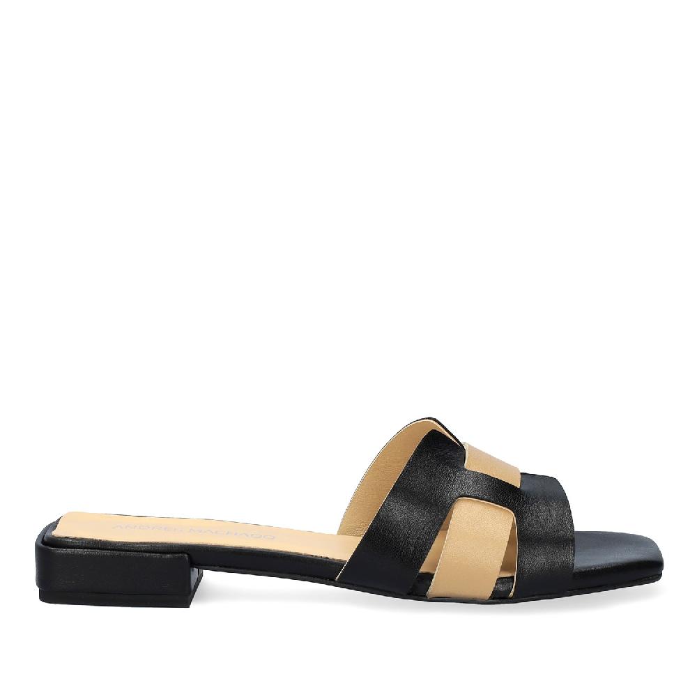 Andres machado Sandalia plana en piel negro y beige Outlet