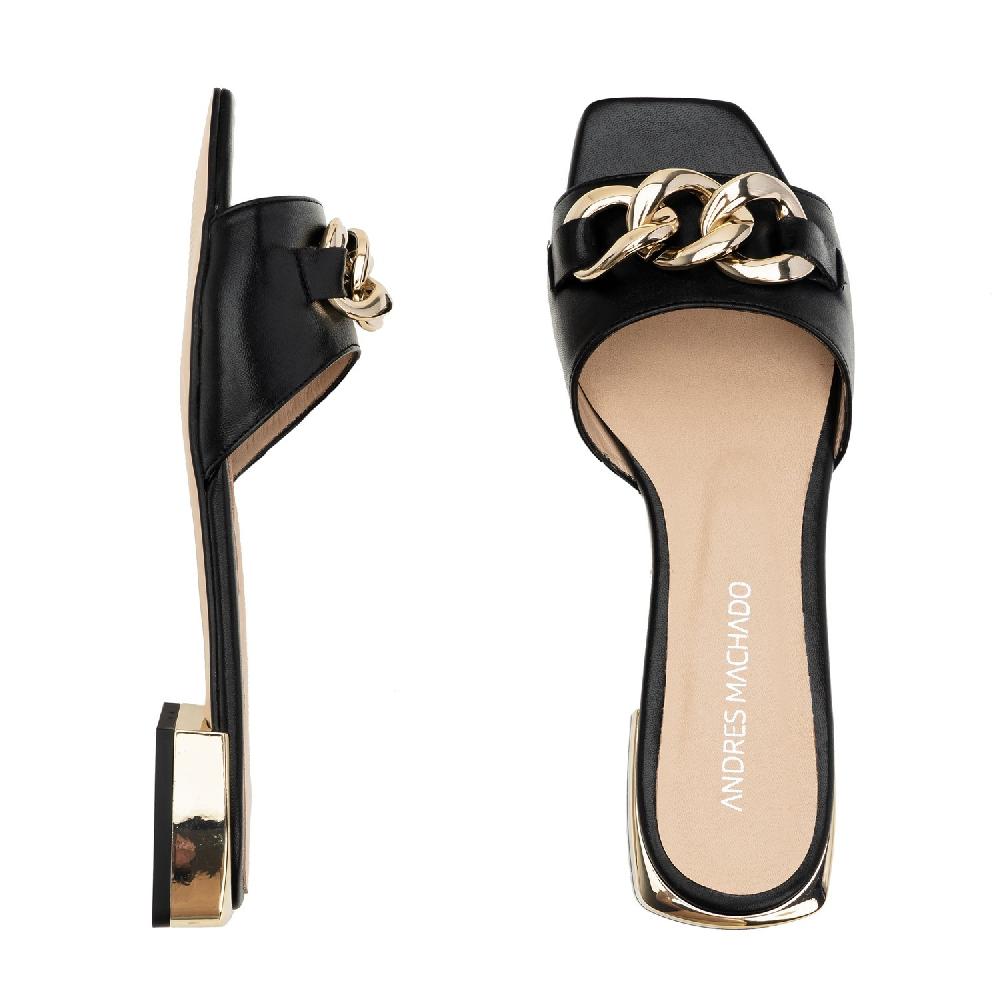Andres machado Sandalia plana en piel negra con cadena Rebajas top