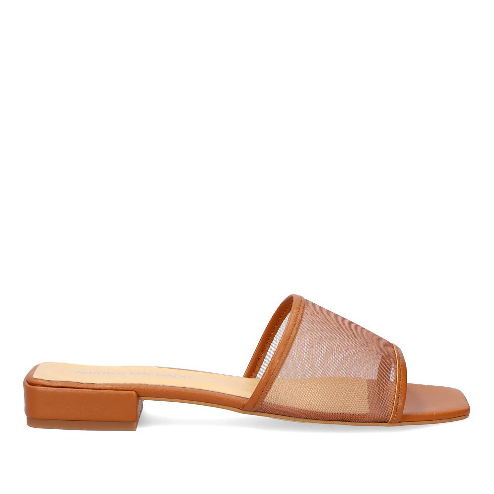 Andres machado Sandalia plana en piel marrón Oferta exclusiva