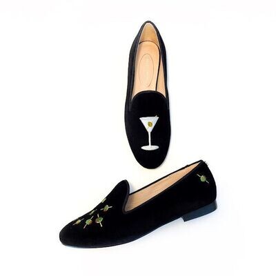 Calita Shoes ​LOAFERS BLACK VELVET MARTINI AND OLIVES. (MINI OLIVE LEFT HEEL) Solo hoy
