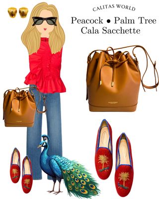 Calita Shoes LOAFERS RED 14CO LINEN GOLDEN PALM TREE AND PEACOCK Tienda