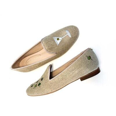 Calita Shoes ​LOAFERS NATURAL LINEN MARTINI AND OLIVES. (MINI OLIVE LEFT HEEL) Envío gratis