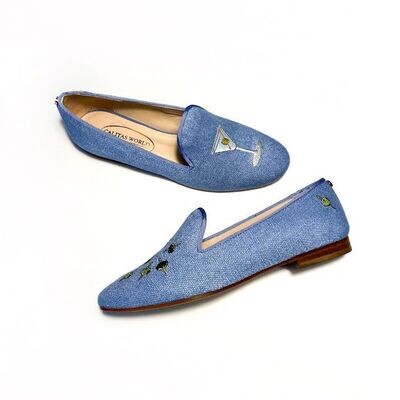 Calita Shoes ​LOAFERS LIGHT BLUE 22CO LINEN MARTINI AND OLIVES. (MINI OLIVE LEFT HEEL) Oferta especial