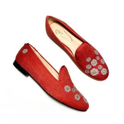 Calita Shoes ​LOAFERS RED 14CO LINEN DAISIES. (MINI DAISY LEFT HEEL) COMPRAR AHORA