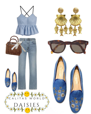 Calita Shoes ​LOAFERS LIGHT BLUE 22CO LINEN DAISIES. (MINI DAISY LEFT HEEL) Últimos 2 días