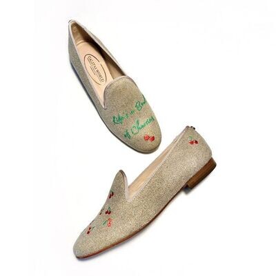 Calita Shoes ​LOAFERS NATURAL LINEN LIFE'S A BOWL OF CHERRIES​ (IN GREEN) AND CHERRIES.​ (MINI CHERRY LEFT HEEL) Promoción por tiempo limitado