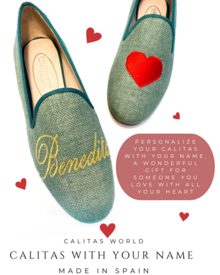 Calita Shoes ​LOAFERS GREEN LINEN 603TX NAME OR INITIALS IN GOLD AND RED HEART Superdescuento