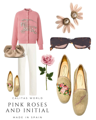Calita Shoes ​LOAFERS NATURAL LINEN PINK ROSES AND PINK INITIALS Liquidación
