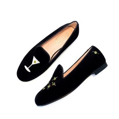 Calita Shoes ​LOAFERS MEN BLACK VELVET MARTINI AND OLIVES. (MINI OLIVE LEFT HEEL) Descuento