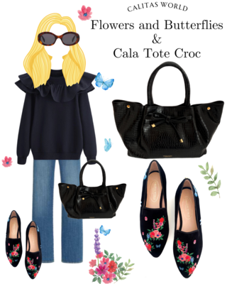 Calita Shoes ​POINTY BLACK VELVET FLOWERS AND BUTTERFLIES Solo hoy