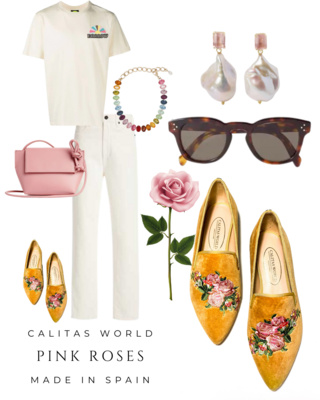 Calita Shoes ​POINTY MUSTARD VELVET PINK ROSES Oferta especial de fábrica