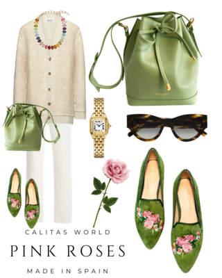 Calita Shoes ​POINTY GREEN 7ACO VELVET PINK ROSES Promoción trimestral