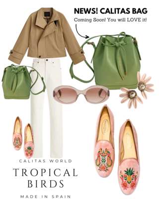 Calita Shoes LOAFERS PINK SUEDE TROPICAL BIRDS Tienda