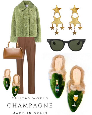 Calita Shoes ​MULES FUR GREEN 7ACO VELVET CHAMPAGNE AND CHAMPAGNE GLASS Venta caliente
