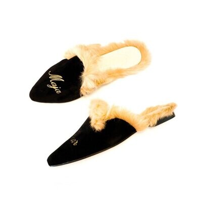 Calita Shoes ​MULES FUR BLACK VELVET GOLDEN NAME AND SURNAME Los más vendidos