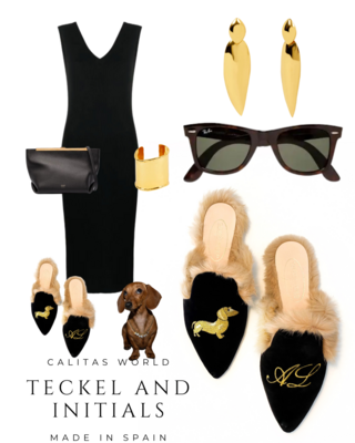 Calita Shoes ​MULES FUR BLACK VELVET GOLDEN TECKEL AND INITIALS Tienda