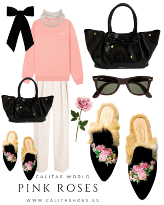 Calita Shoes ​MULES FUR BLACK VELVET PINK ROSES Precio de fábrica
