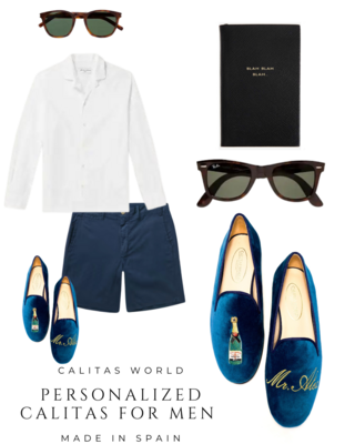 Calita Shoes ​LOAFERS MEN PETROLEUM BLUE TX VELVET CHAMPAGNE AND NAME OR INITIALS Ofertas de temporada