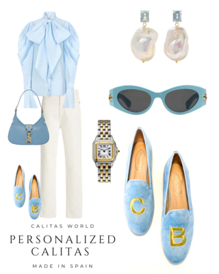 Calita Shoes ​LOAFERS LIGHT BLUE 07TX VELVET WITH GOLD OR SILVER INITIALS (BOLD) Gran oferta