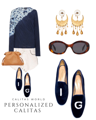 Calita Shoes LOAFERS NAVY BLUE 9CO R22 ​VELVET WITH WHITE INITIALS (BOLD) Rebajas baratas