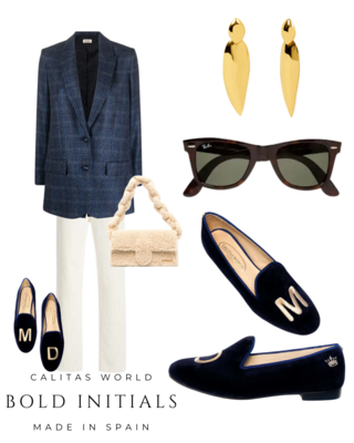 Calita Shoes LOAFERS NAVY BLUE 9CO R22 VELVET WITH BEIGE INITIALS (BOLD) AND CROWN ON THE HEEL Rebajas de fábrica