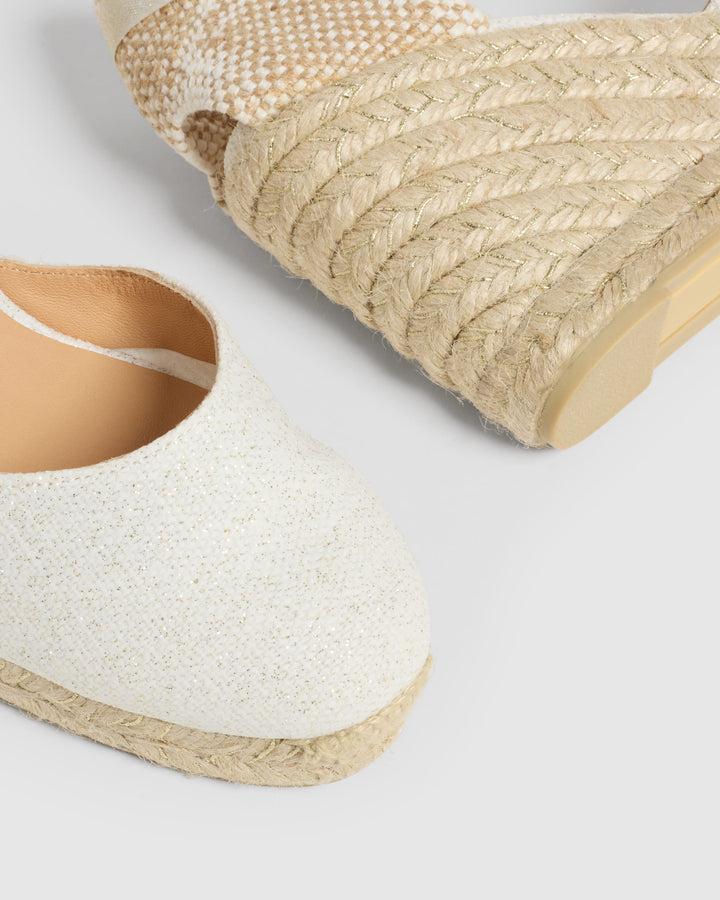 Castañer CASTAÑER | Alpargatas Carina en lino metalizado cierre mediante lazada y cuña de 9cm. – Castañer Liquidación