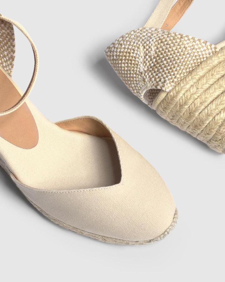 Castañer CASTAÑER | Alpargatas Chiarita en algodón orgánico cierre lateral de pulsera con hebilla metálica y cuña de 7cm.  – Castañer Ventas relámpago