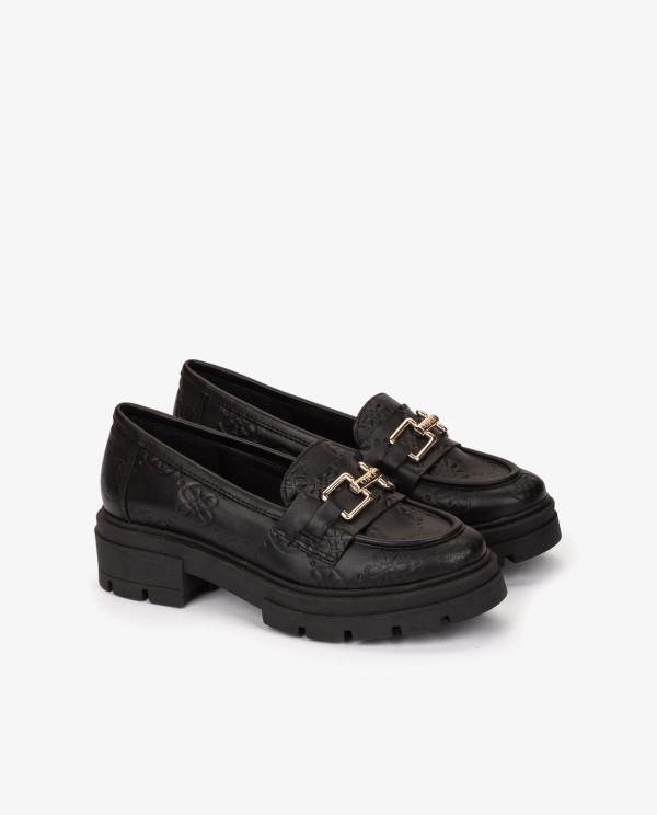 Cuplé MOCASÍN NEGRO DE PIEL CON LOGO GRABADO Y SUELA GRUESA Ventas relámpago
