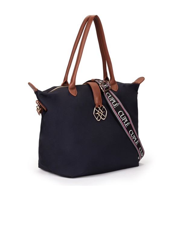 Cuplé SHOPPER DE NYLON AZUL MARINO CON ASAS CONTRASTANTES Y LOGO DORADO Liquidación
