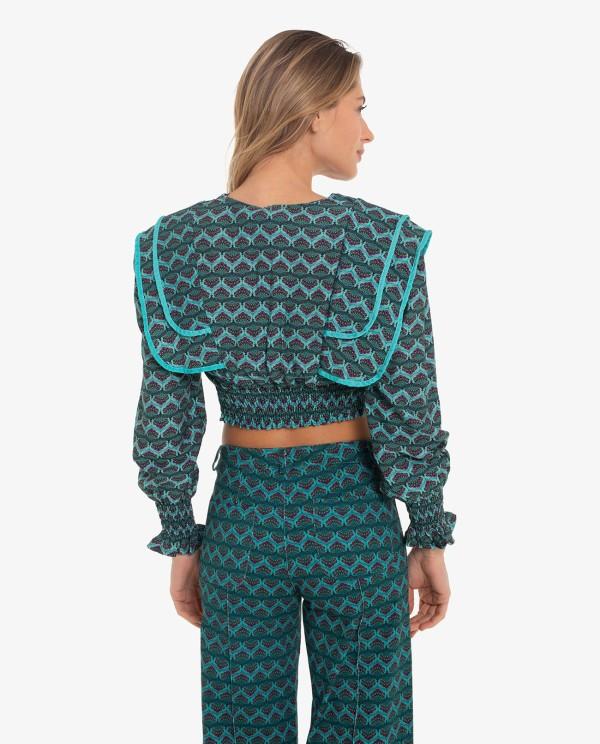 Cuplé CROP TOP CON SOLAPAS EN HOMBROS Y ESTAMPADO GEOMETRICO AZUL Outlet