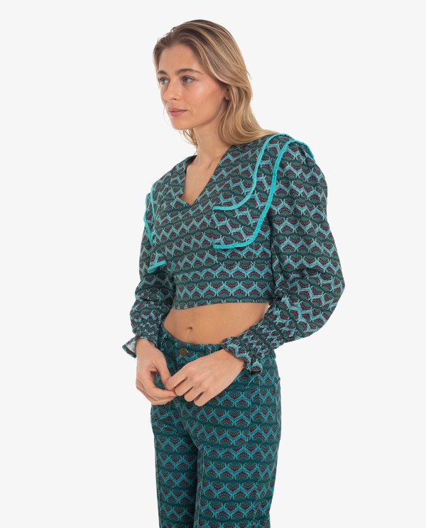 Cuplé CROP TOP CON SOLAPAS EN HOMBROS Y ESTAMPADO GEOMETRICO AZUL Outlet