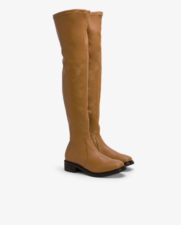 Cuplé BOTA ALTA DE TECNOPIEL COLOR CUERO CON TACÓN BAJO Superdescuento