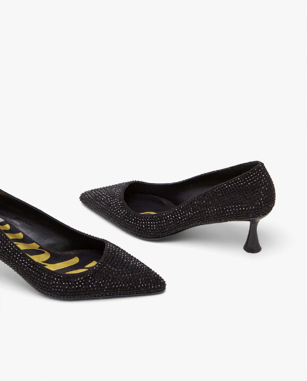 Cuplé SALÓN NEGRO DE ANTE CON DETALLES DE STRASS Y TACÓN MEDIO Descuentos del mes
