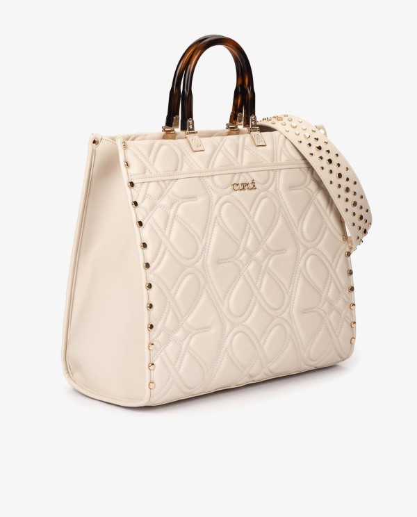 Cuplé MAXI SHOPPER GRABADO LOGOS DE TECNOPIEL BEIGE CON ASAS EFECTO CAREY Oferta especial