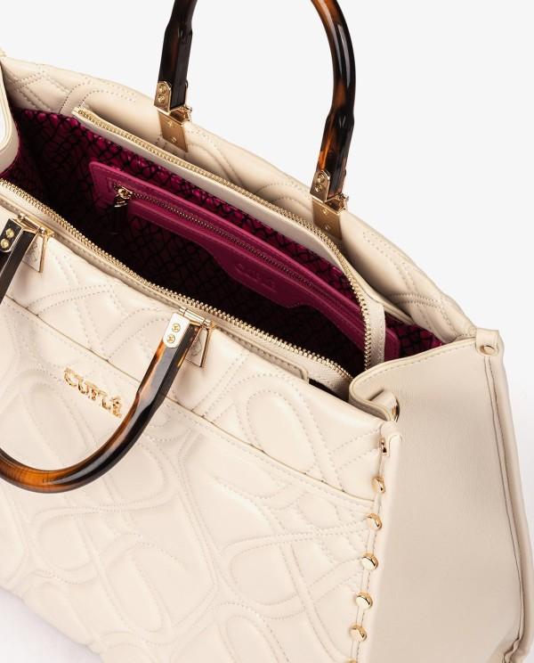 Cuplé MAXI SHOPPER GRABADO LOGOS DE TECNOPIEL BEIGE CON ASAS EFECTO CAREY Oferta especial