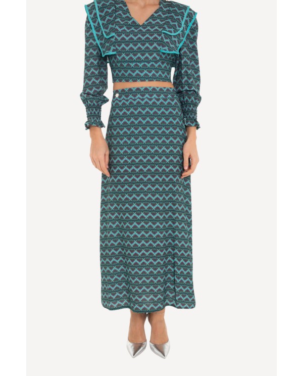 Cuplé FALDA MIDI CON ESTAMPADO GEOMETRICO AZUL Ahorra y exporta