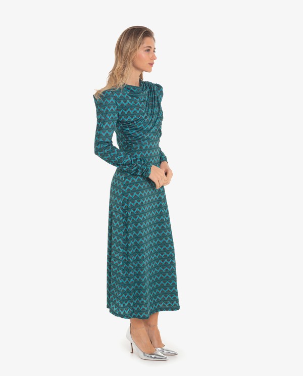 Cuplé VESTIDO DRAPEADO ESTAMPADO GEOMETRICO AZUL En oferta