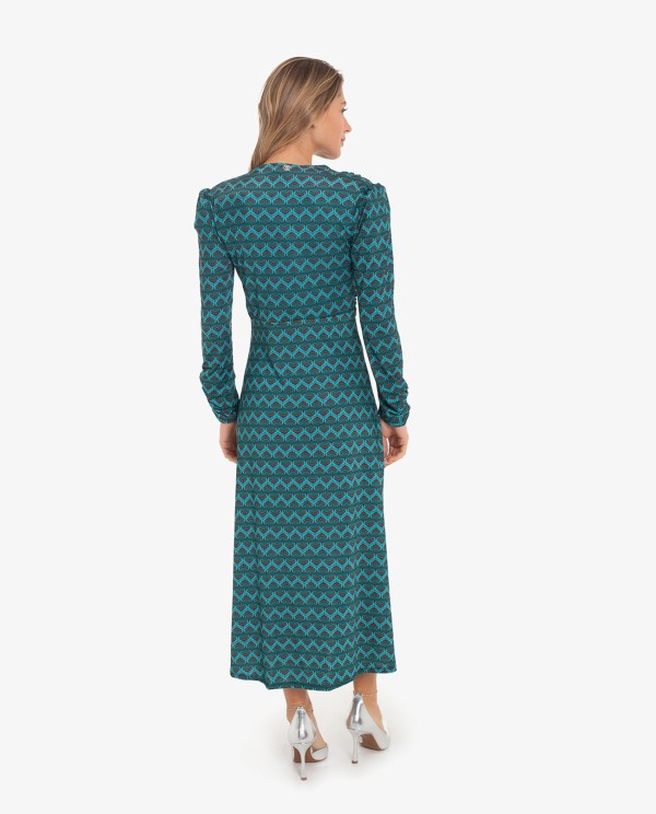 Cuplé VESTIDO DRAPEADO ESTAMPADO GEOMETRICO AZUL En oferta