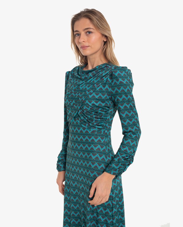 Cuplé VESTIDO DRAPEADO ESTAMPADO GEOMETRICO AZUL En oferta