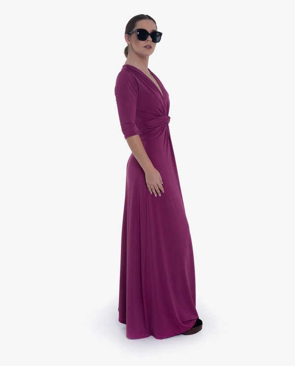 Cuplé MAXI VESTIDO MAGENTA DE PUNTO CON NUDO FRONTAL Y MANGAS TRES CUARTOS Libre de impuestos