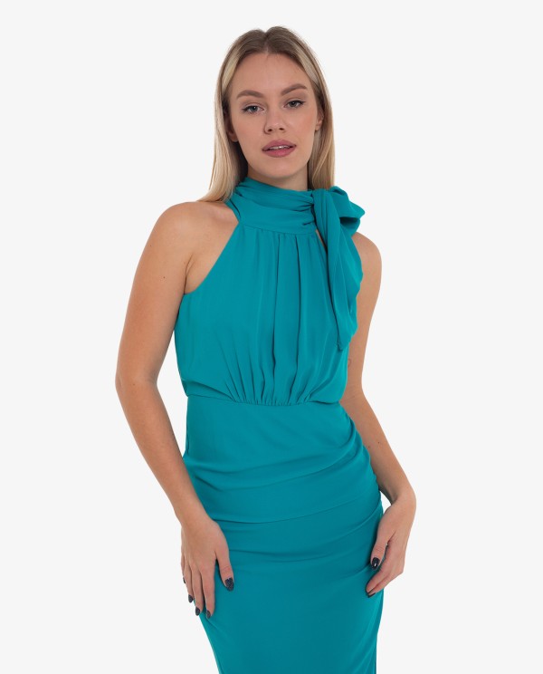 Cuplé VESTIDO LARGO HALTER FRUNCIDO VERDE Descuentos del mes