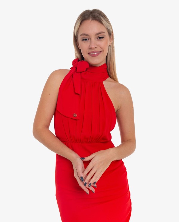 Cuplé VESTIDO LARGO HALTER FRUNCIDO ROJO Oferta exclusiva