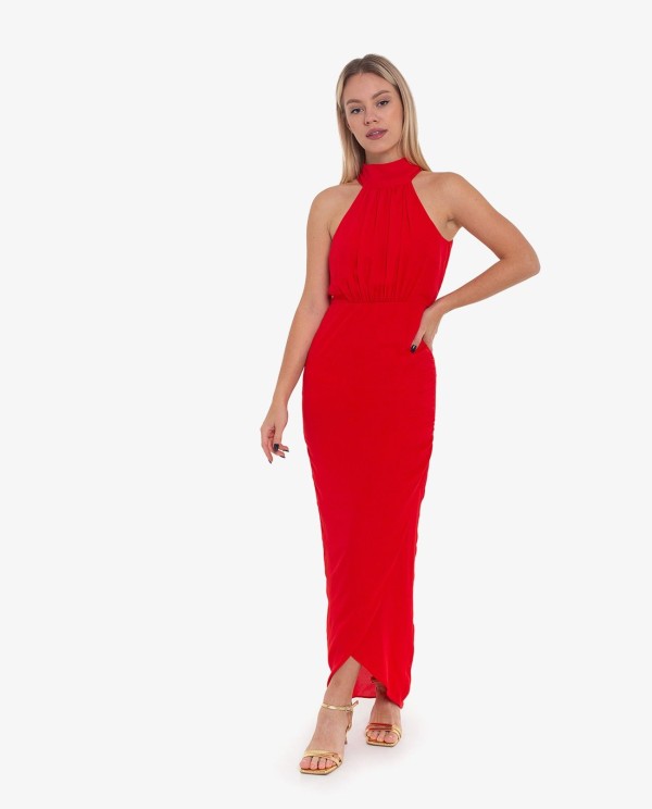 Cuplé VESTIDO LARGO HALTER FRUNCIDO ROJO Oferta exclusiva