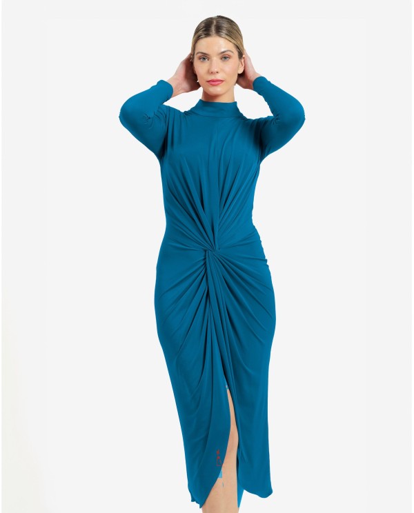 Cuplé VESTIDO MIDI AZUL DE PUNTO CON NUDO FRONTAL Y HOMBROS ESTRUCTURADOS 2025