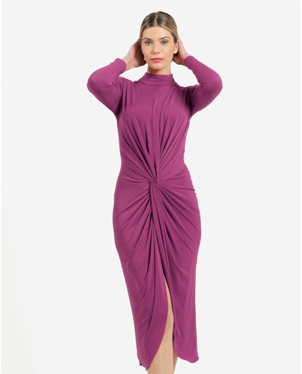 Cuplé VESTIDO MIDI FUCSIA DE PUNTO CON NUDO FRONTAL Y HOMBROS ESTRUCTURADOS En línea
