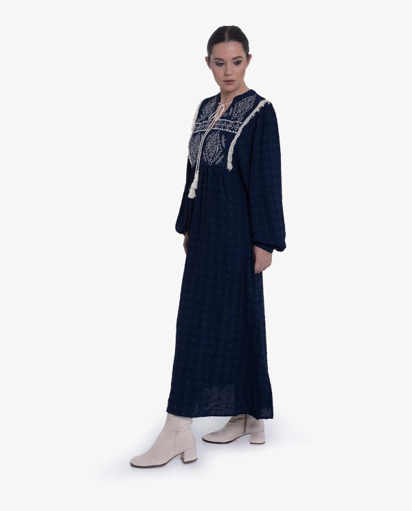 Cuplé VESTIDO BOHO LARGO PLUMETI AZUL OSCURO Precio de fábrica