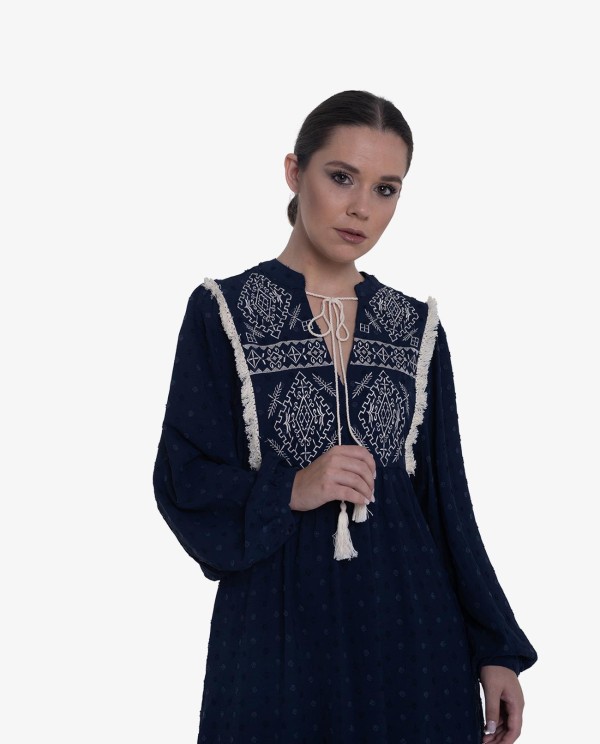 Cuplé VESTIDO BOHO LARGO PLUMETI AZUL OSCURO Precio de fábrica