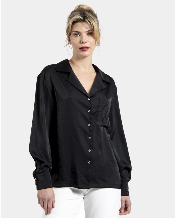 Cuplé CAMISA NEGRA SATINADA CON BOLSILLO Oferta especial de fábrica
