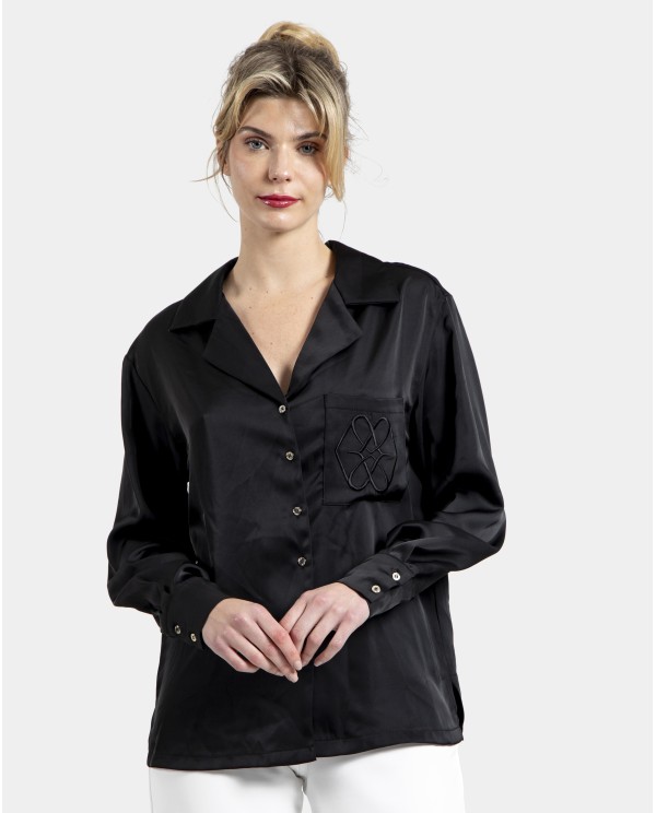 Cuplé CAMISA NEGRA SATINADA CON BOLSILLO Oferta especial de fábrica